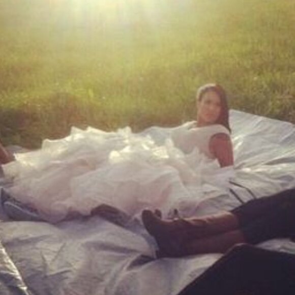 SAMPLE Wedding Dress Princess, Ruffle Ballgown, Champagne Off-the-shoulder Bling - Picture 3 of 11